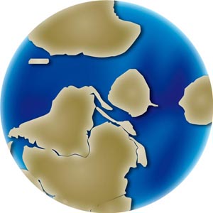 Colour image of globe showing changing position of continents 515 million years ago