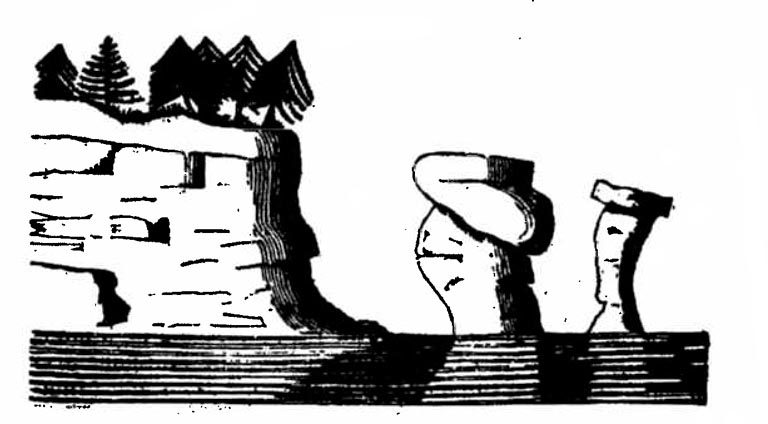 Dessin noir et blanc illustrant trois formations rocheuses