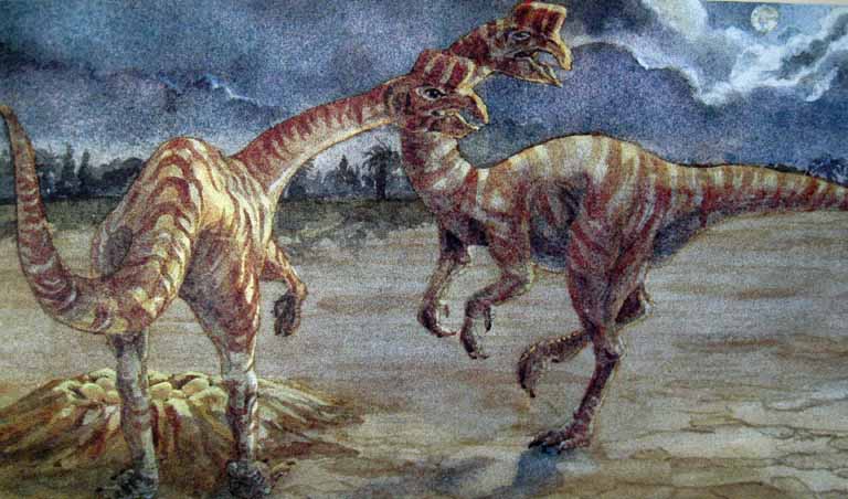 Aquarelle de deux dinosaures avec la lune à l’arrière-plan