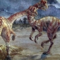 Aquarelle de deux dinosaures avec la lune à l’arrière-plan