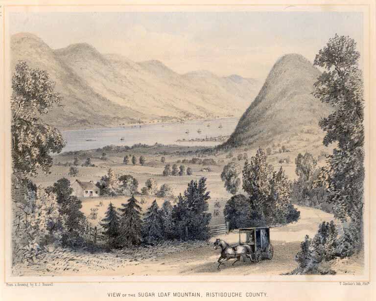 Colour print of horse and carriage, farmhouse, river and large mountains in background