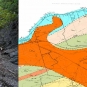 Double colour image of man in forest on left, geological map of northern New Brunswick on right
