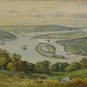 Painting of river valley with islands, wharves and boats