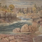 Aquarelle illustrant une rivière qui coule entre ou par-dessus des corniches rocheuses ainsi que des falaises et le rivage