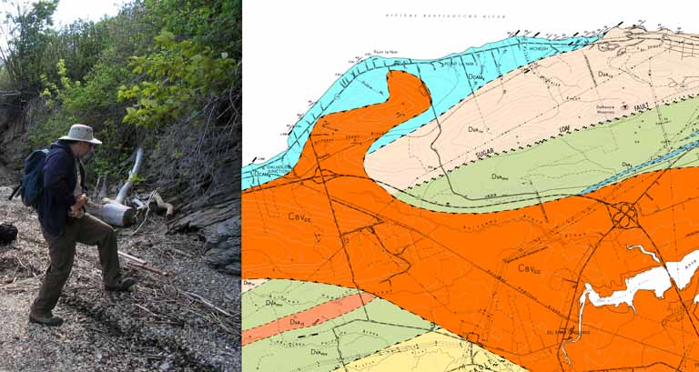 Double image couleur : à gauche, homme marchant dans la forêt, à droite, carte géologique du Nord du Nouveau-Brunswick
