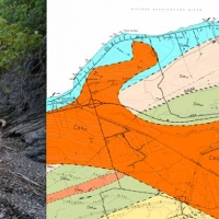 Double image couleur : à gauche, homme marchant dans la forêt, à droite, carte géologique du Nord du Nouveau-Brunswick