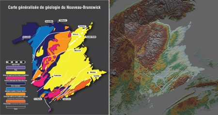 Cartes géologiques et topographiques du Nouveau-Brunswick illustrant des formations rocheuses et des types de roches