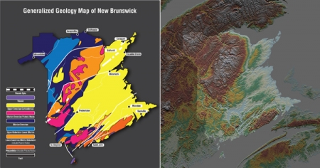Geology and topographical maps of New Brunswick illustrating rock formations and rock types Geology and topographical maps of New Brunswick illustrating rock formations and rock types