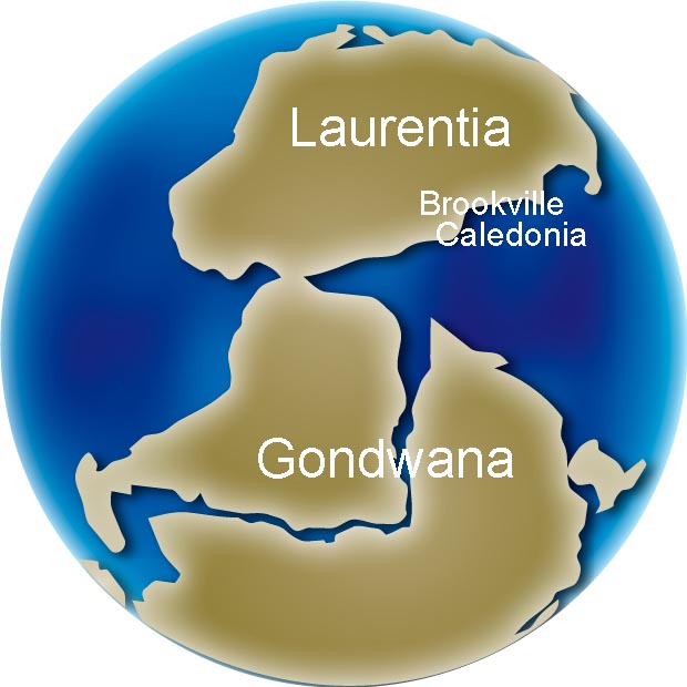 Colour image of globe showing changing position of continents Gondwana, Laurentia, Brookville, Caledonia