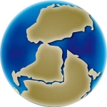 Colour image of globe showing changing position of continents 360 million years ago