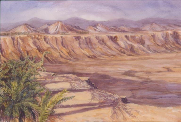 Watercolour painting of a red rock valley with a dinosaur head and green trees