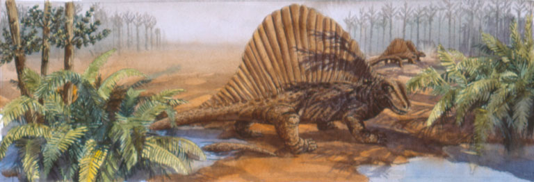 Watercolour painting of a large reptile with walking on the red mud