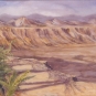 Watercolour painting of a red rock valley with a dinosaur head and green trees