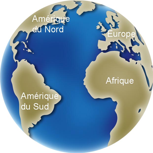 Image couleur d’un globe montrant l’évolution de la position des continents aujourd'hui, l'Amérique du Nord, de l’Amérique du Sud, de l’Europe et de l’Afrique