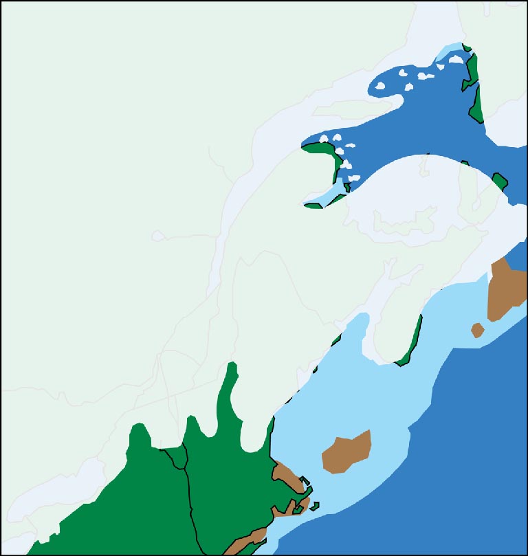 Colour image of eastern Canada showing changing position of ice age glaciers