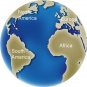 Colour image of globe showing changing position of continents today, North America, South America, Europe and Africa