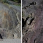 Double colour image of smooth green and purple rocks with scratch marks