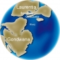 Colour image of globe showing changing position of continents Gondwana, Laurentia, Brookville, Caledonia