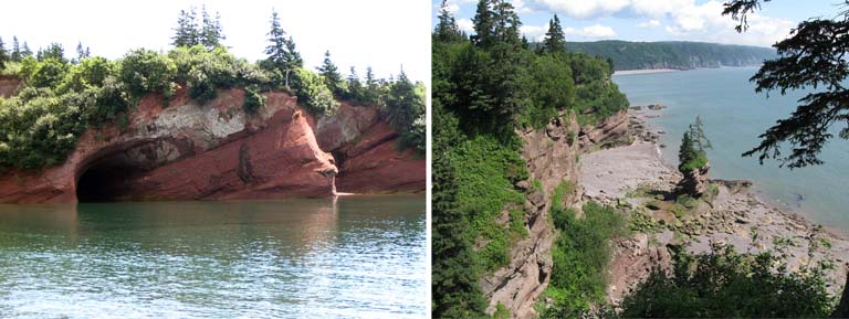 Double colour image of red rock face, water and caves and rock cliffs and ocean 