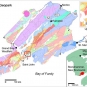Carte de la région de Saint John et du géoparc Stonehammer illustrant les différentes périodes géologiques selon un code de couleurs