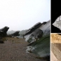 Double image couleur : plage rocailleuse rouge et fossile d’insecte blanc dans une roche rouge.