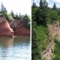 Double image couleur : paroi rocheuse rouge et eau, grottes et falaises rocheuses au bord de l’océan