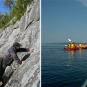 Triple image couleur : roche grise représentant des fossiles courbés; deux hommes en train d’examiner des roches; groupe de kayaks